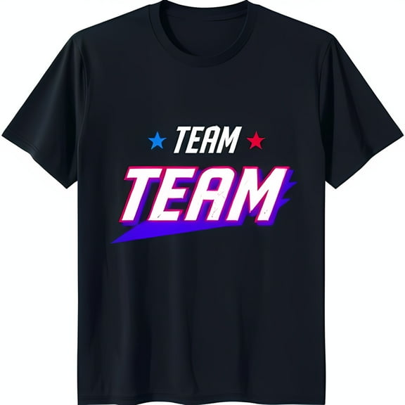 Men's Black T-Shirt with Bold 'TEAM' Graphic Stars & Gradient Design