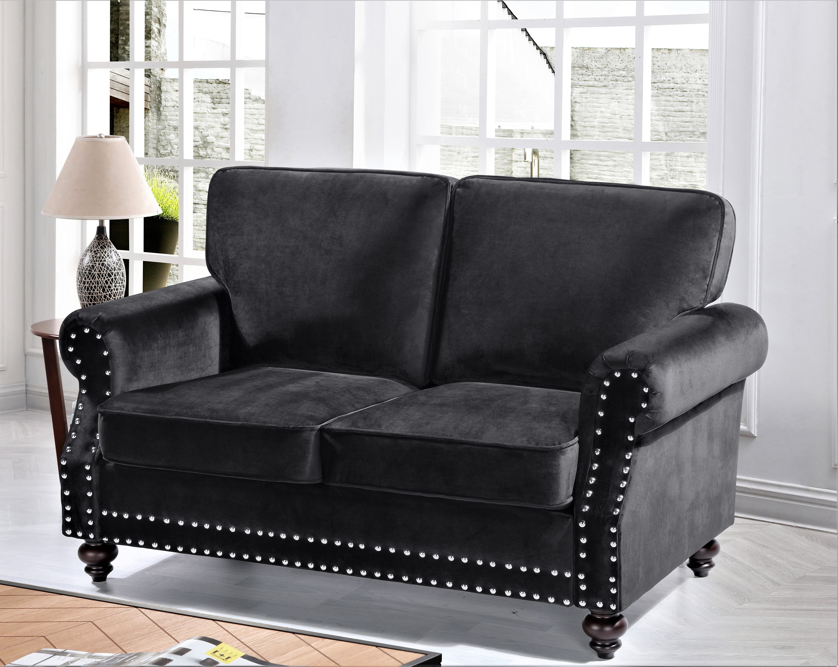 Uspridefurniture Feingold 61.4'' Velvet Rolled Arm Loveseat, Black