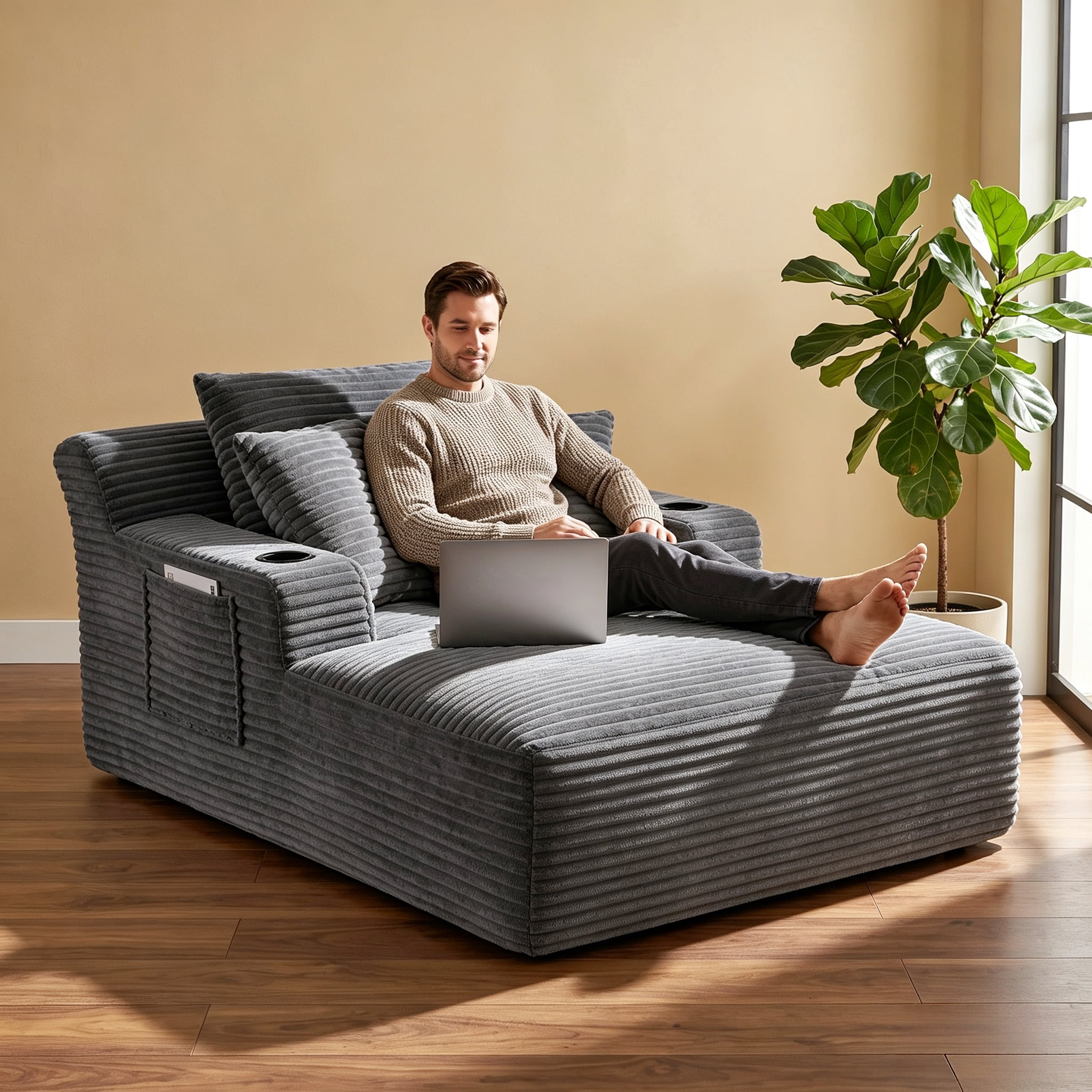 ShiKeyi 66'' Chaise Lounge Chair Indoor, Boneless Sofa Cloud, Plush Corduroy Chaise Couch with Cup Holders, Side Storage Pocket & Pillows, No Assembly Required, Dark Gray