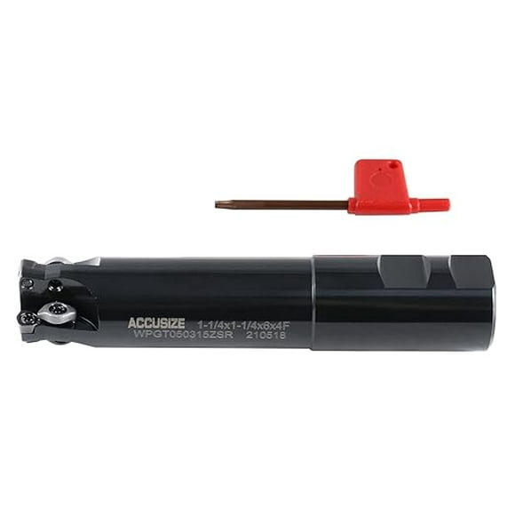 Accusize High Feed End Mill, 1-1/4" Cutting, 1-1/4" Shank, 4 Fl, Carbide Trigon WPGT050315ZSR TiAlN Coated Inserts, 0028-0114