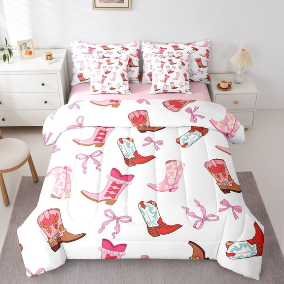 Homewish Western Cowgirl Boots 7-Piece Twin Bedding,Cute Bowtie Bedding Comforter Set,White Pink,Pink Reversible