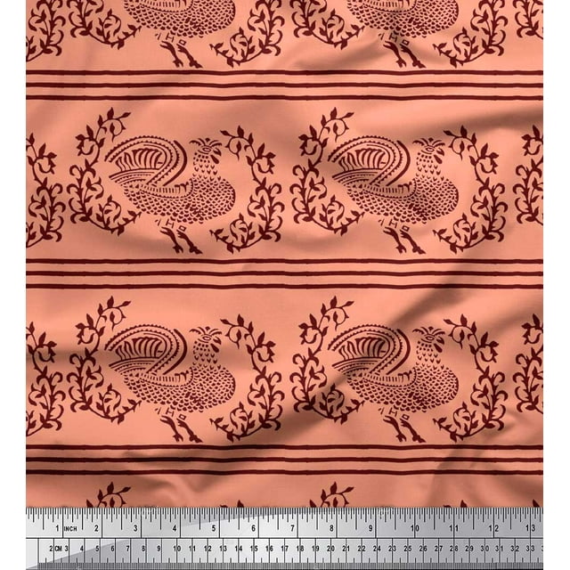 Soimoi Rayon Fabric Stripe,Leaves & Hen Block Print Sewing Fabric Yard 42 Inch Wide