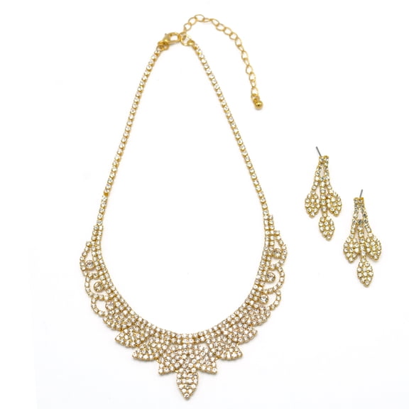 Gold Rhinestone Crystal Necklace And Earrings Set
