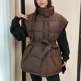 thumbnail image 7 of Women Oversized Puffer Vests Sleeveless Stand Collar Zipper Puffy Jackets with Belt Padded Gilet Outerwear Coffee, XL, 7 of 7