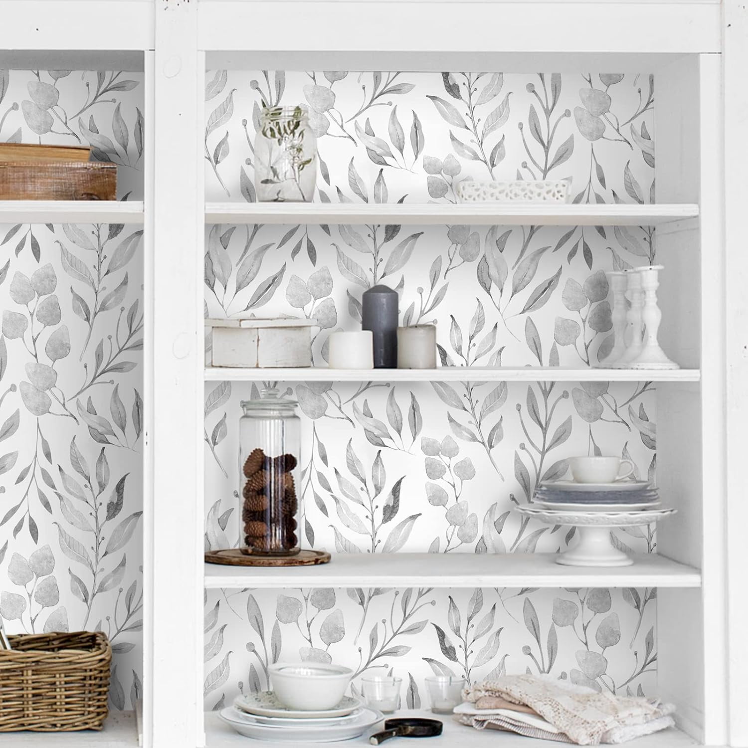 DAZLUTE Peel and Stick Wallpaper Floral Wallpaper Gray Leaf Self Adhesive Wallpaper,17.7 in x 590 in