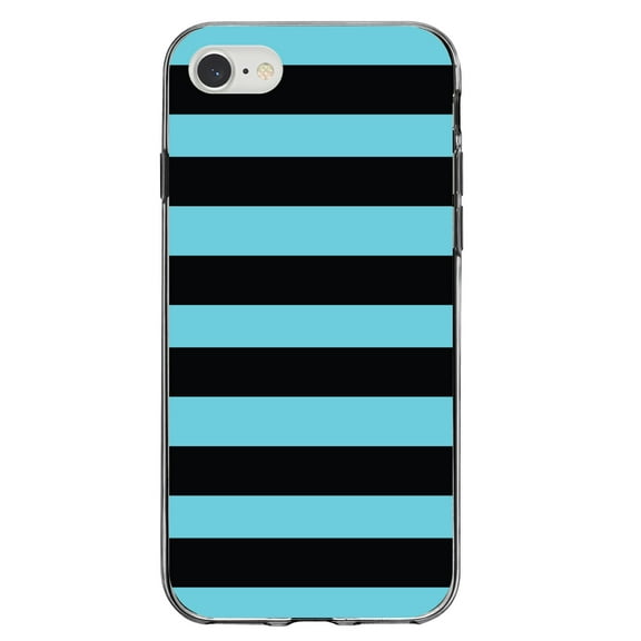 DistinctInk Clear Shockproof Hybrid Case for iPhone 7 8 SE (2020 Model) 4.7" Screen TPU Bumper Acrylic Back Tempered Glass Screen Protector - Black & Cyan Bold Horizontal Stripes