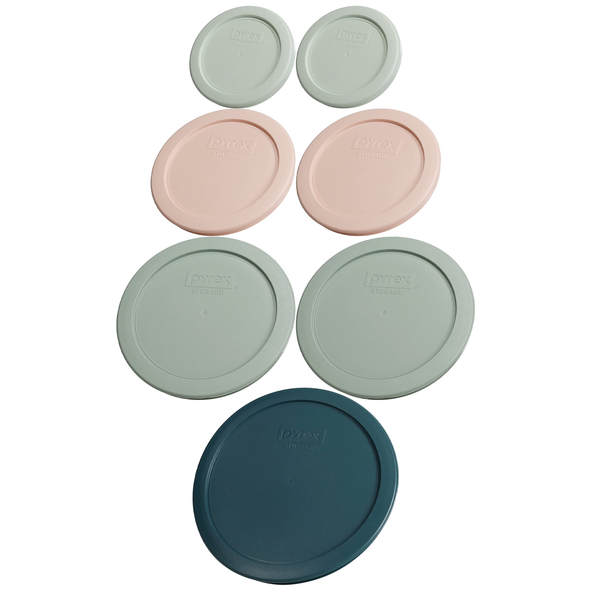 Pyrex (2) 7202-PC 1 Cup White Mint, (2) 7200-PC 2 Cup Rosewater Pink, (2) 7201-PC 4 Cup Tranquil Green, (1) 7402-PC 6/7 Cup Tarragon Green Food Storage Replacement Lids – Made in the USA