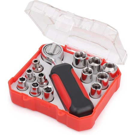 PETGLE DT5023 1/4 Inch Metric Socket Set, 13Pcs Reversible Ratchet & Sockets with Clear Lid Storage Case