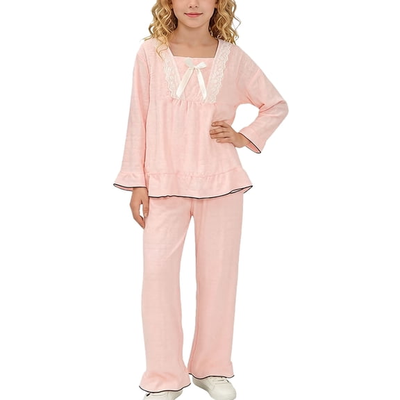 Cethrio Girls Cotton Pajama Sets Size 10-12, 2 Piece Soft Casual Long Sleeve Kids' Summer Sleepwear Pink Size 10-12