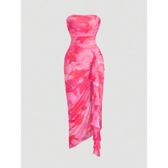 Elegant Floral All-Over Print Tube Dress for Women, Summer Strapless Midi Dress