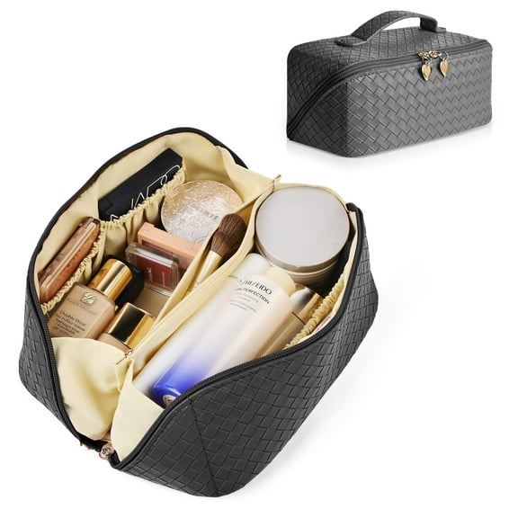 Make Up Bag, Travel Cosmetic Bag for Women Large Capacity Toiletry Makeup Organizer Bags, Checkered PU Leather Waterproof Portable Cosmetic Bag with Compartments