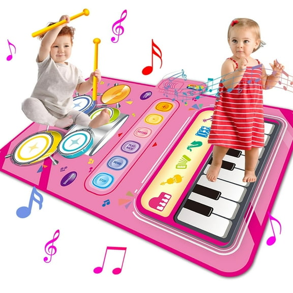 2 in 1 Musical Mat Toys Piano Keyboard & Drum Set with 2 Drum Sticks Baby Music Toy 12-18 Months Christmas Birthday Gifts