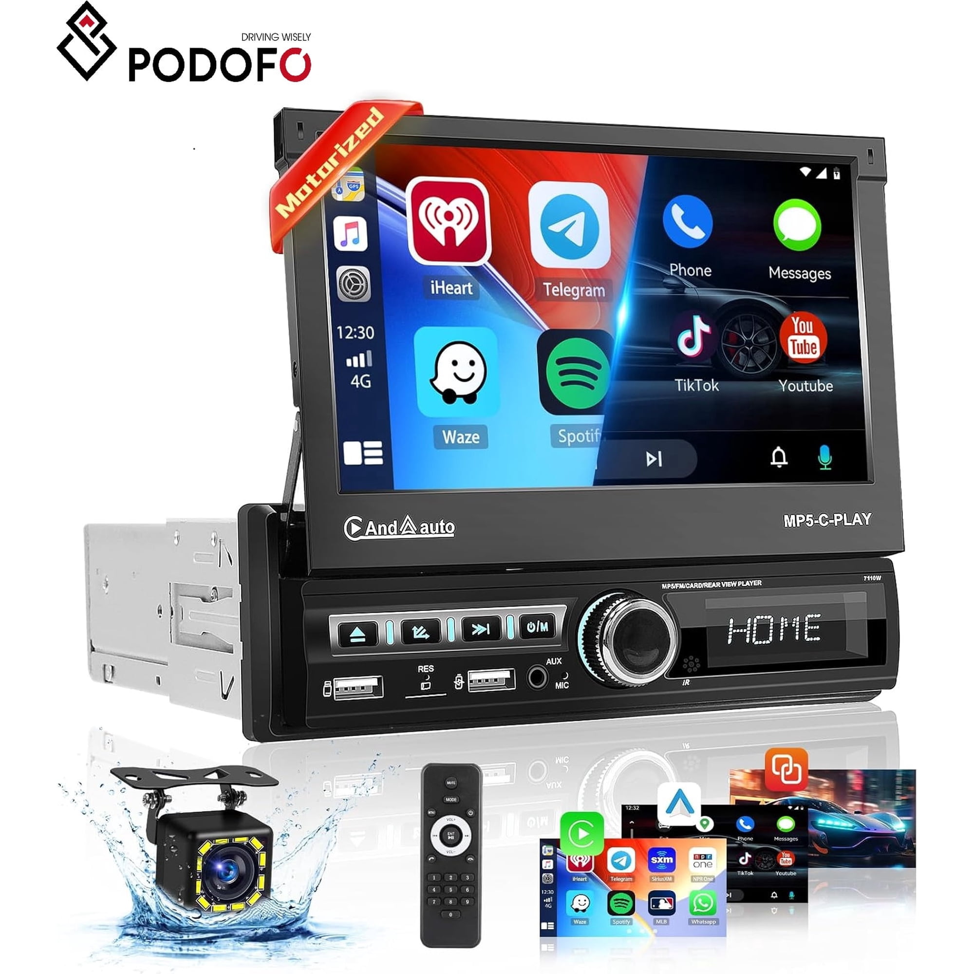 Podofo 7 in Single Din Electric Retractable Car Stereo Radio with Wireless Apple Carplay Android Auto Mirror Link Backup Camera