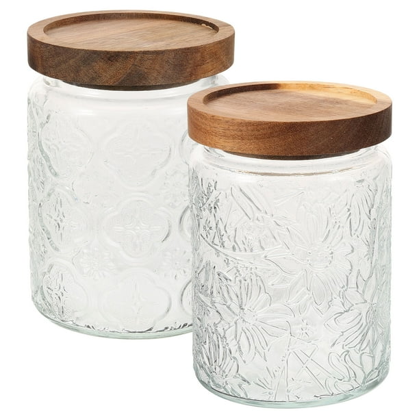 2 frascos de vidrio herméticos para almacenar granos con tapa de madera.