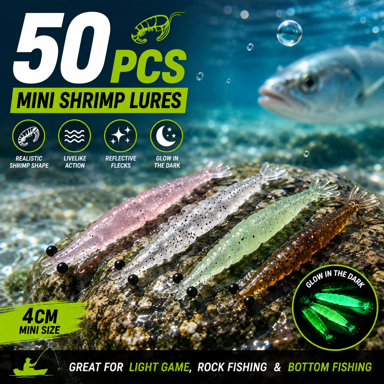 50PCS Assorted Mini Soft Fishing Shrimp Lures – 4cm Segmented Shape Baits with 3D Bead Eyes 4-Petal Tails for Fishing Sports & Outdoor Recreation Equipment