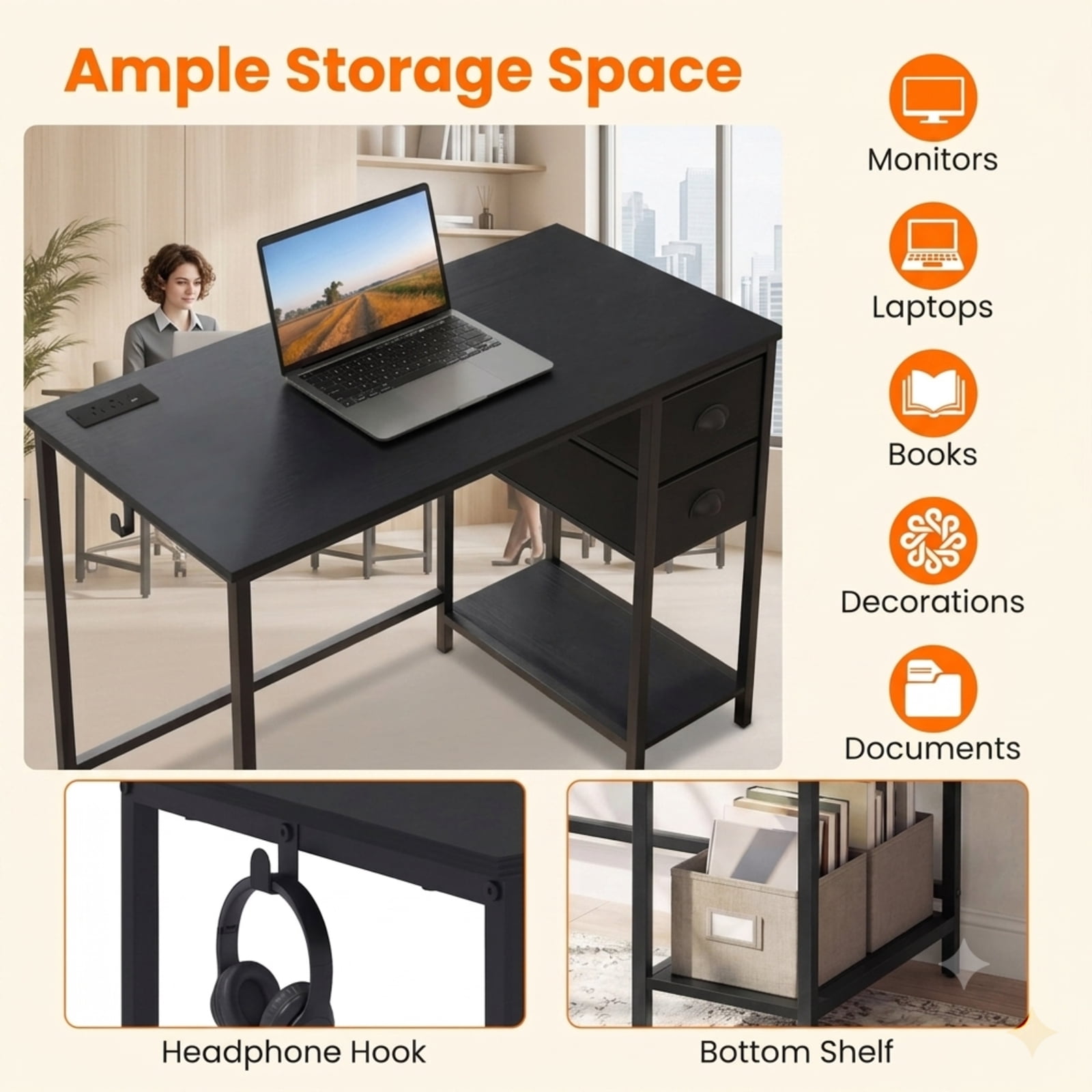 Furnibear Computer Desk with Charging Station and 2 Fabric Drawers, 38 Inch Small Home Office Desk with Headphone Hook and Metal Frame, Black