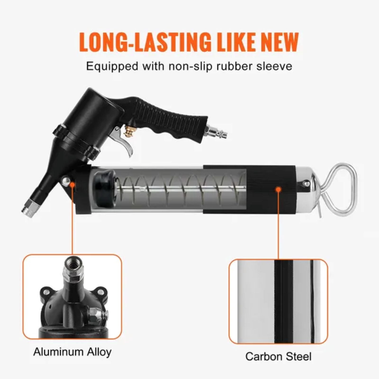 Air Operated Grease Gun, 6000PSI, 14 OZ/400 CC Capacity Heavy Duty Pneumatic Grease Gun, with 18.5 Inch Flexible Hose, 1 Black Flat Coupler Pointed Coupler Bent Metal Pipe Locking Clamp Coupler