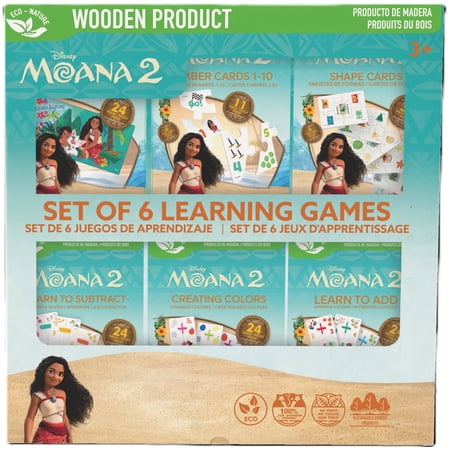Disney: Moana 2 Learning Games - Set Of 6 - Wooden Puzzles & Flashcards Bilingual Fun Educational Based Play Shapes-Colors-Numbers-Math Kids 3+