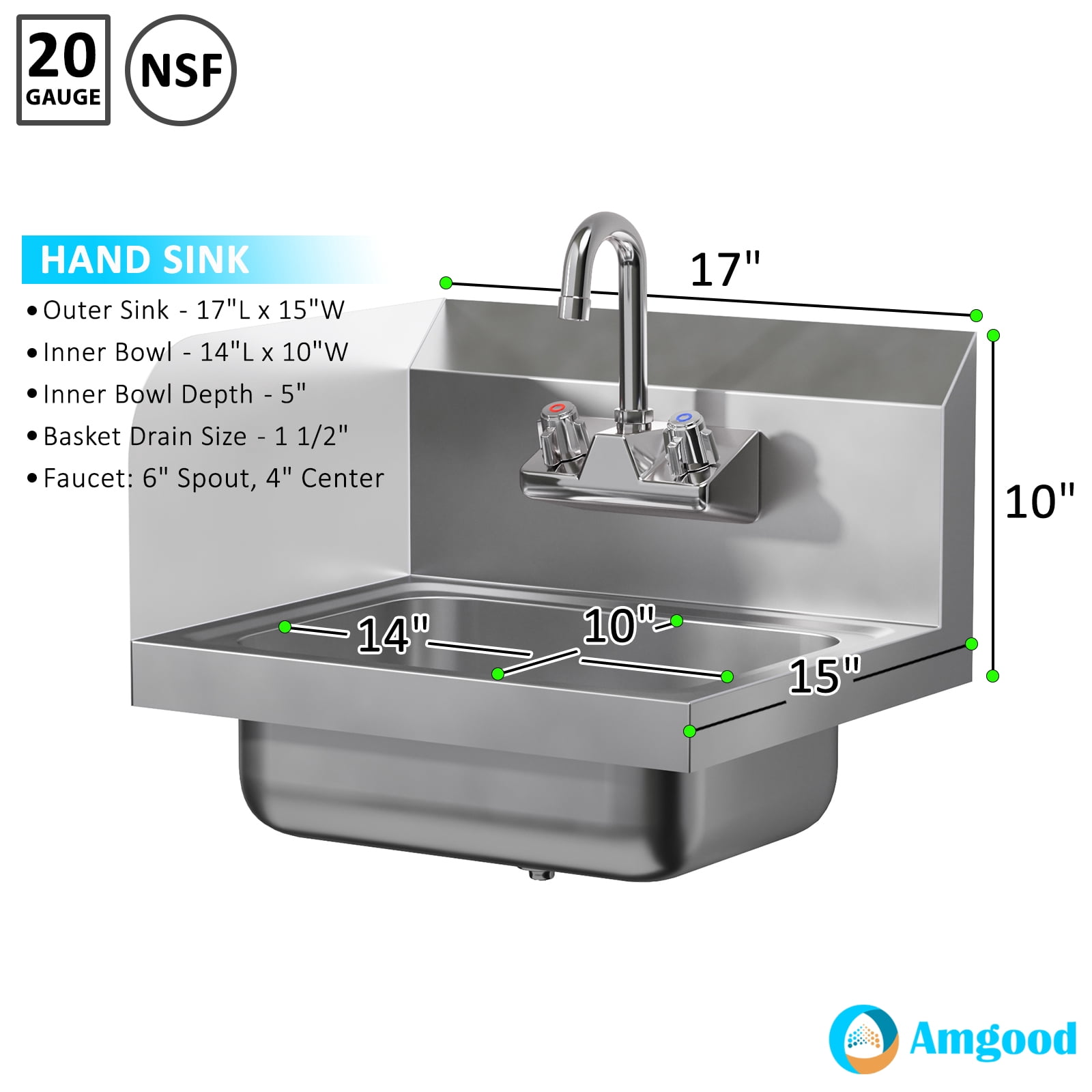 Stainless Steel Wall Mounted Hand Sink 17 in. x 15 in. with Left Side Splash and Gooseneck Faucet
