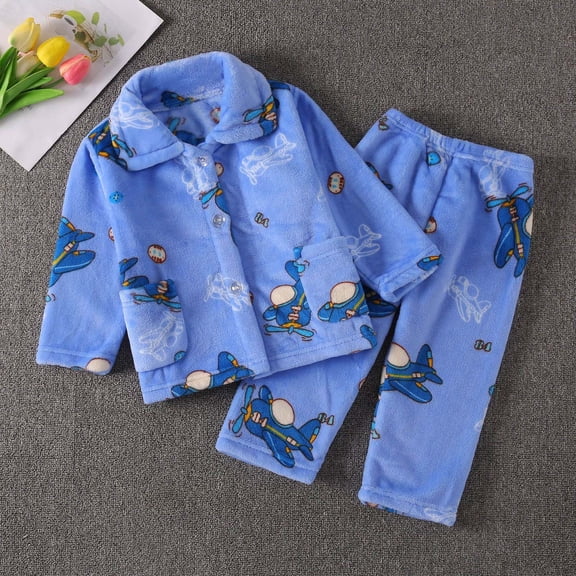 Hpapadks Toddler Pajamas Coral Fleece Long Sleeve Pajama Set Winter Cozy Homewear Boys Pjs Blue 18-24 Months