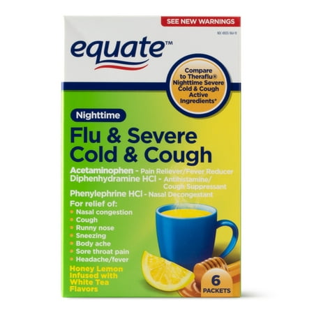 Equate Nighttime Flu & Severe Cold & Cough Packets, 650 mg, 6 (Best Tea For Cold Flu)