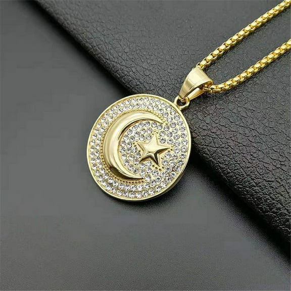 Muslim Crescent Moon and Star Pendant Stainless Steel Iced Out Round Necklace Hip Hop Women Men Islamic Jewelry (Gold Color,50cm)
