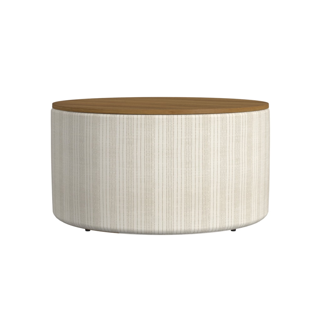 HomePop Large Modern Round Storage Ottoman with Wood Lift-Top Lid, Marigold Pinstripe/Honey Oak