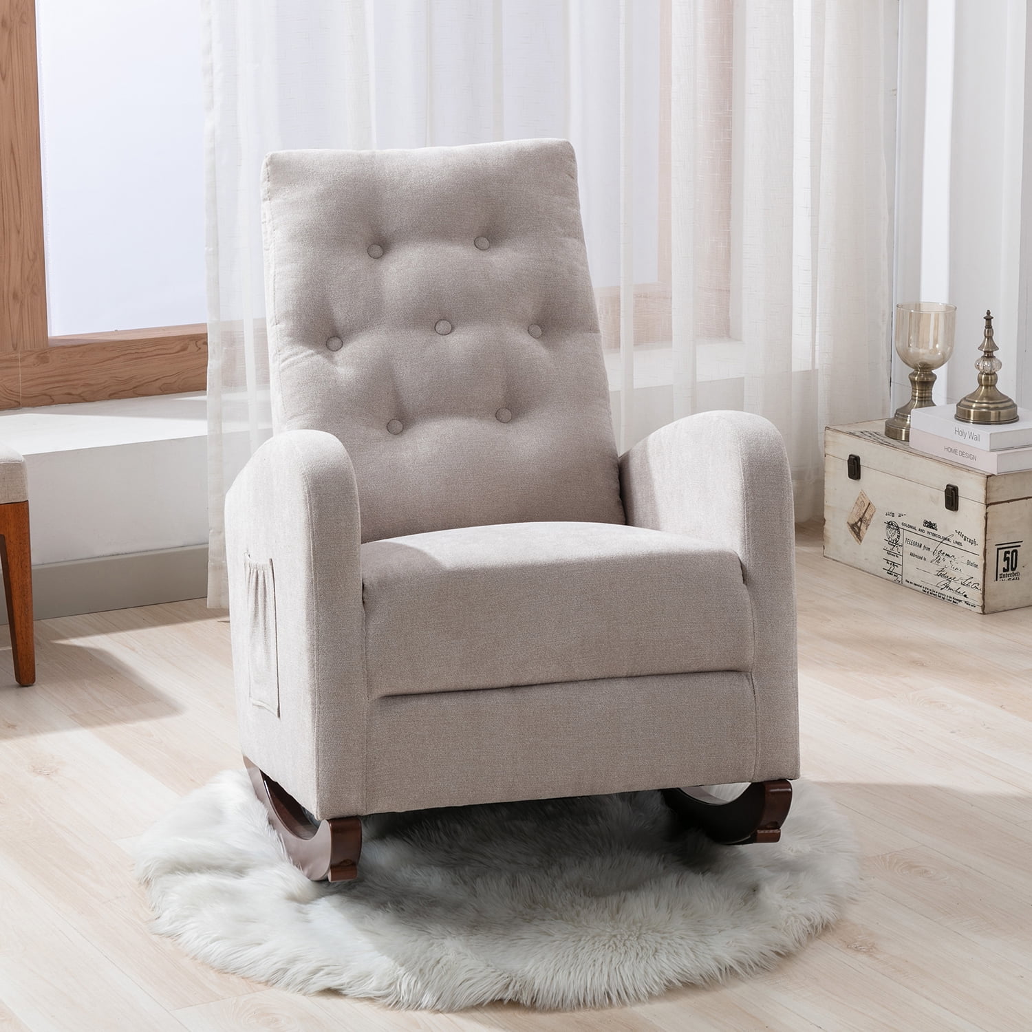Kadyn High Back Rocking Chair, Modern High Back Armchair for Living Room, Velvet Rocking Chair with Side Pockets, Tan Kadyn High Back Rocking Chair, Modern High Back Armchair for Living Room, Velvet Rocking Chair with Side Pockets, Tan