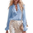 thumbnail image 4 of Women's Retro Ruffle Edge V-Neck Long Sleeve Pullover Top Lightweight Solid Color Casual Loose Blouse Fashion Daily Vacation Streetwear Shirt, Sky Blue Size XL, 4 of 5
