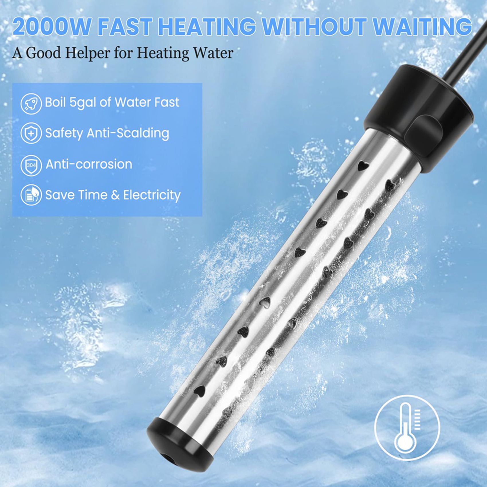 2X Immersion Water Heater, 1500W Bucket Heater with 304 Stainless Steel Guard, Heats Electric Water Heater Us Plug