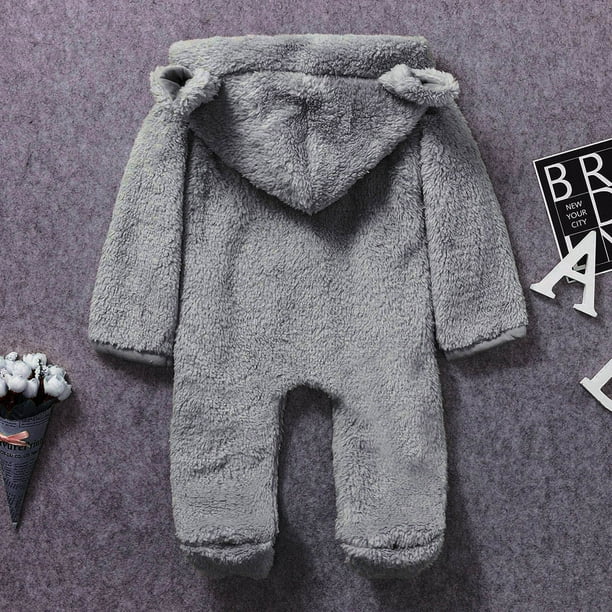 Lolmot Newborn Baby Boy Winter Fleece Jumpsuit Solid Hooded Romper Warm  Coat Outwear