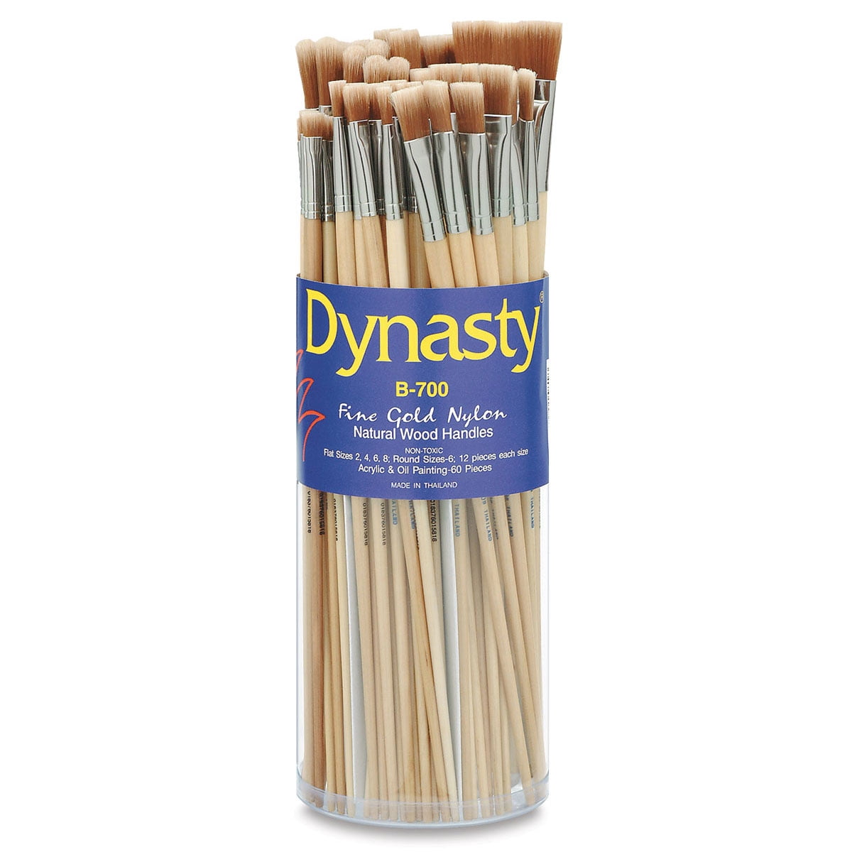 Dynasty® B-700 Cylinder Fine Gold Nylon Wood Handle Long Handle Paint Brush Set, Assorted Size, Natural, Set of 60