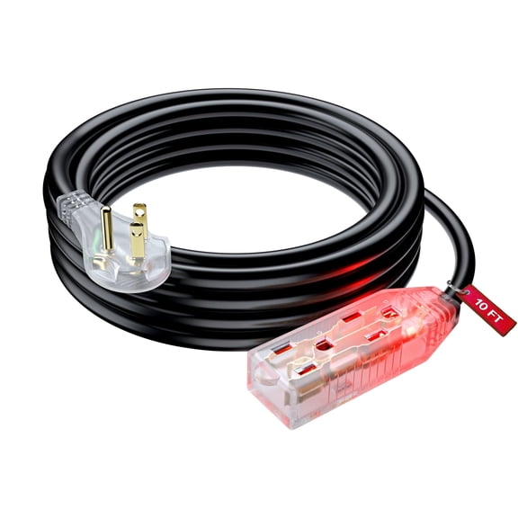 Maximm Flat Plug Extension Cord - 10 Feet 16 AWG/Wire, Multi Outlet - 3 Prong Angled Plug Extension Cord, ETL Listed - Black - 10 Foot