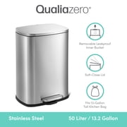 Qualiazero Kitchen Trash Can, 13.2 Gallon Stainless Steel Step Garbage Bin with Soft Close Lid, Silver