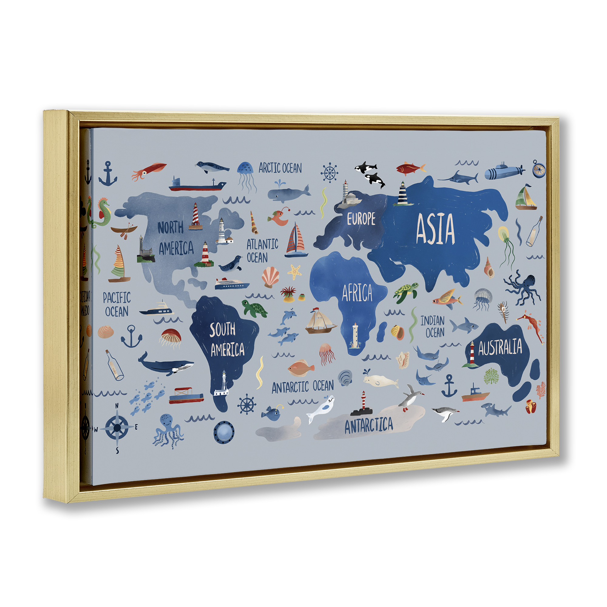 Stupell Industries Nautical Themed Map Town & City Painting Gold Floater Framed Art Print Wall Art, 25 x 17