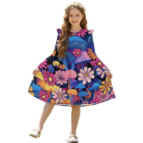 FKELYI Girl Long Sleeve Dress Ruffle Sleeve Crew Neck Trim Dress for Birthday Party Hippie Flower Mushroom Print A Line Tiered Swing Pactchwork Dresses, 7-8 Y