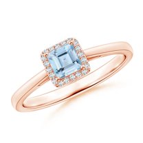 ANGARA Natural Classic Square Aquamarine Halo Ring in 14K Rose Gold for Women (Size-4mm) | March Birthstone, Birthday, Anniversary, Jewelry Gift for Women | Natural Aquamarine Ring