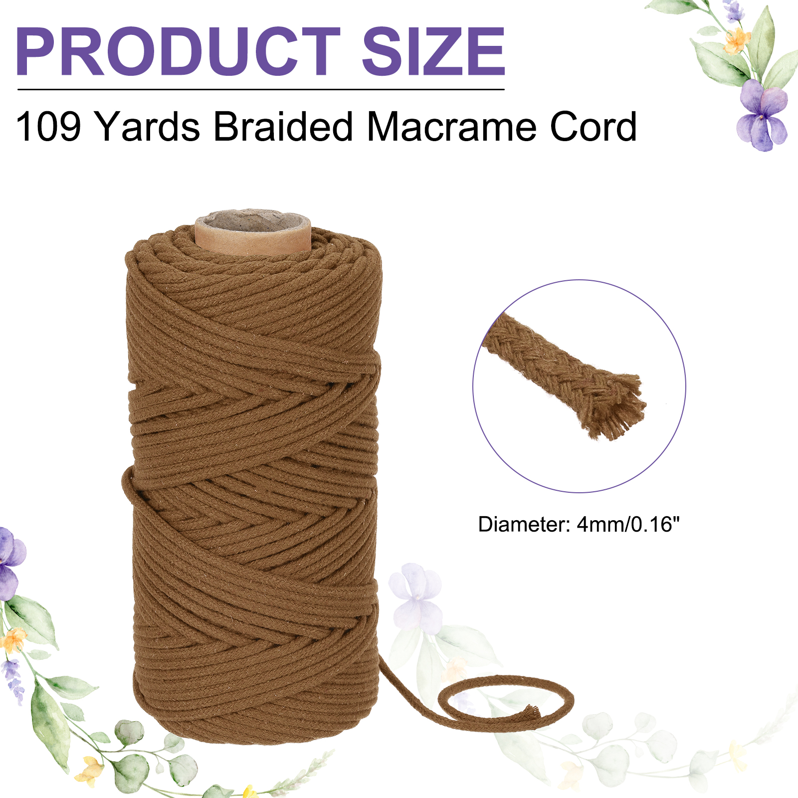 Braided Macrame Cord, 4mm x 109 Yards Natural Cotton Rope Macrame Yarn Bohemia Craft String with Scissors(Coffee)
