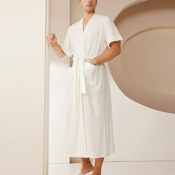 uublik Mens Robe Lightweight Soft Bathrobe Sleepwear Loungewear with Pockets Full Length Sleepwear White