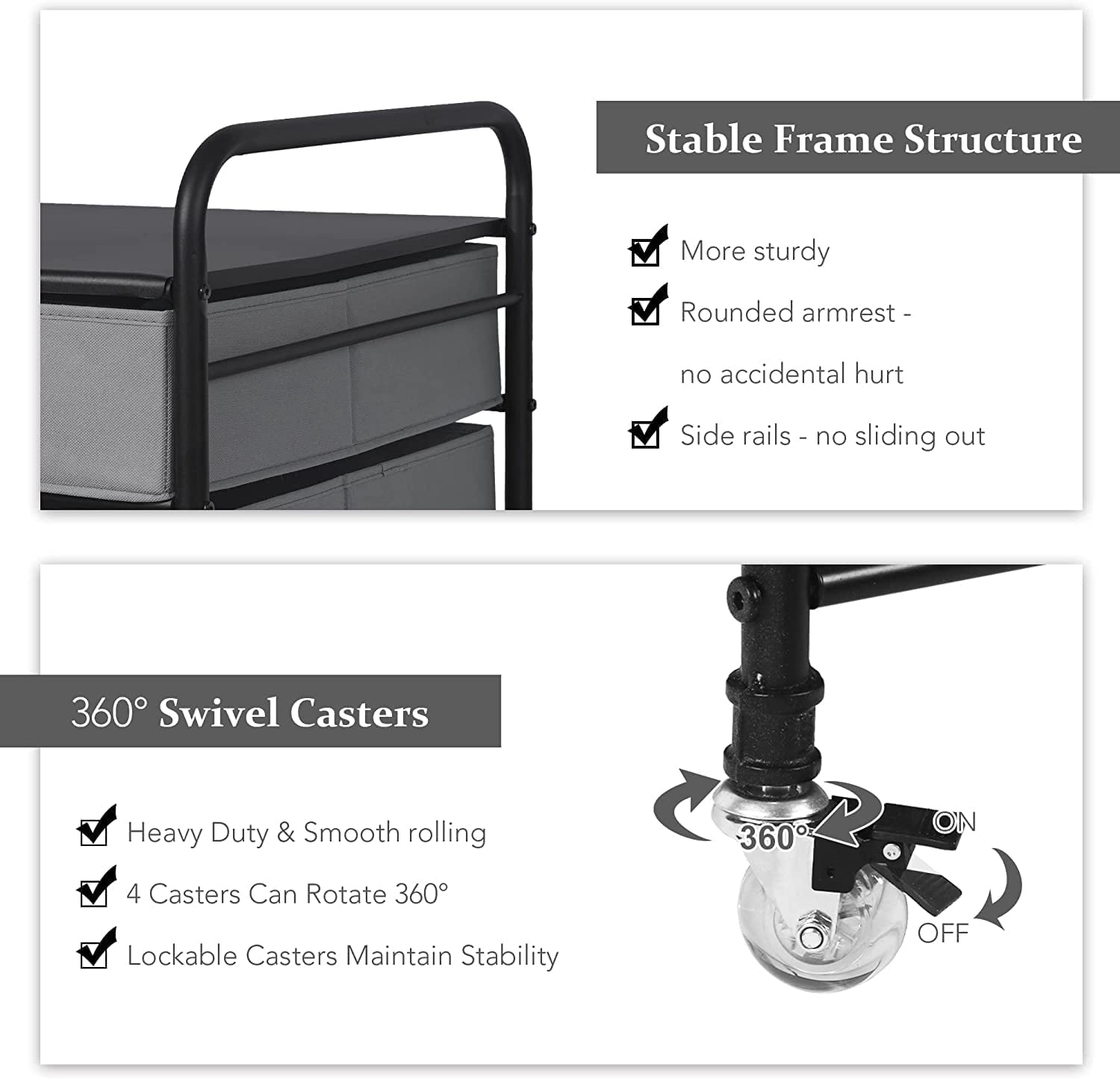 Mini Fridge Stand with Storage, 2 Drawer Fridge Cart Organizer Unit for Kitchen, Metal Frame and Fabric Drawers, Mobile Fridge Table with 4 Swivel Wheels