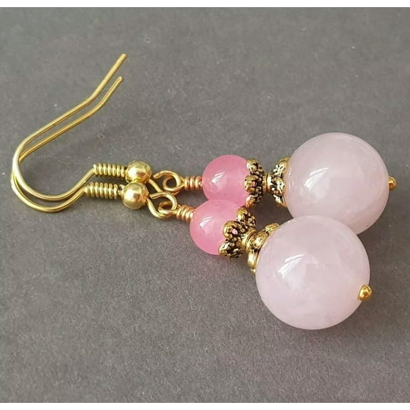 K-KED 6-10mm Rose Quartz Pink Jade Stones Round Dangle Hooks Earrings Jewelry