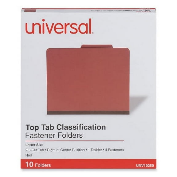 Universal Four-Section Pressboard Classification Folders, 2" Expansion, 1 Divider, 4 Fasteners, Letter Size, Red Exterior, 10/Box