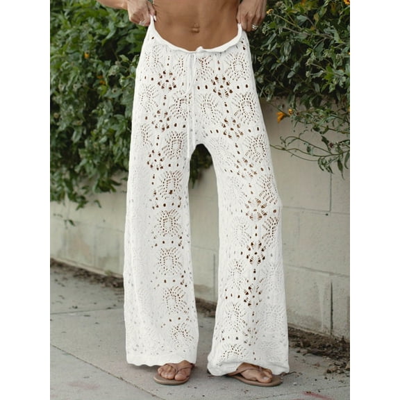 Womens Crochet Swimsuit Coverup Pants High Waisted Drawstring Sexy Sheer Mesh Knit Wide Leg Beach Pants