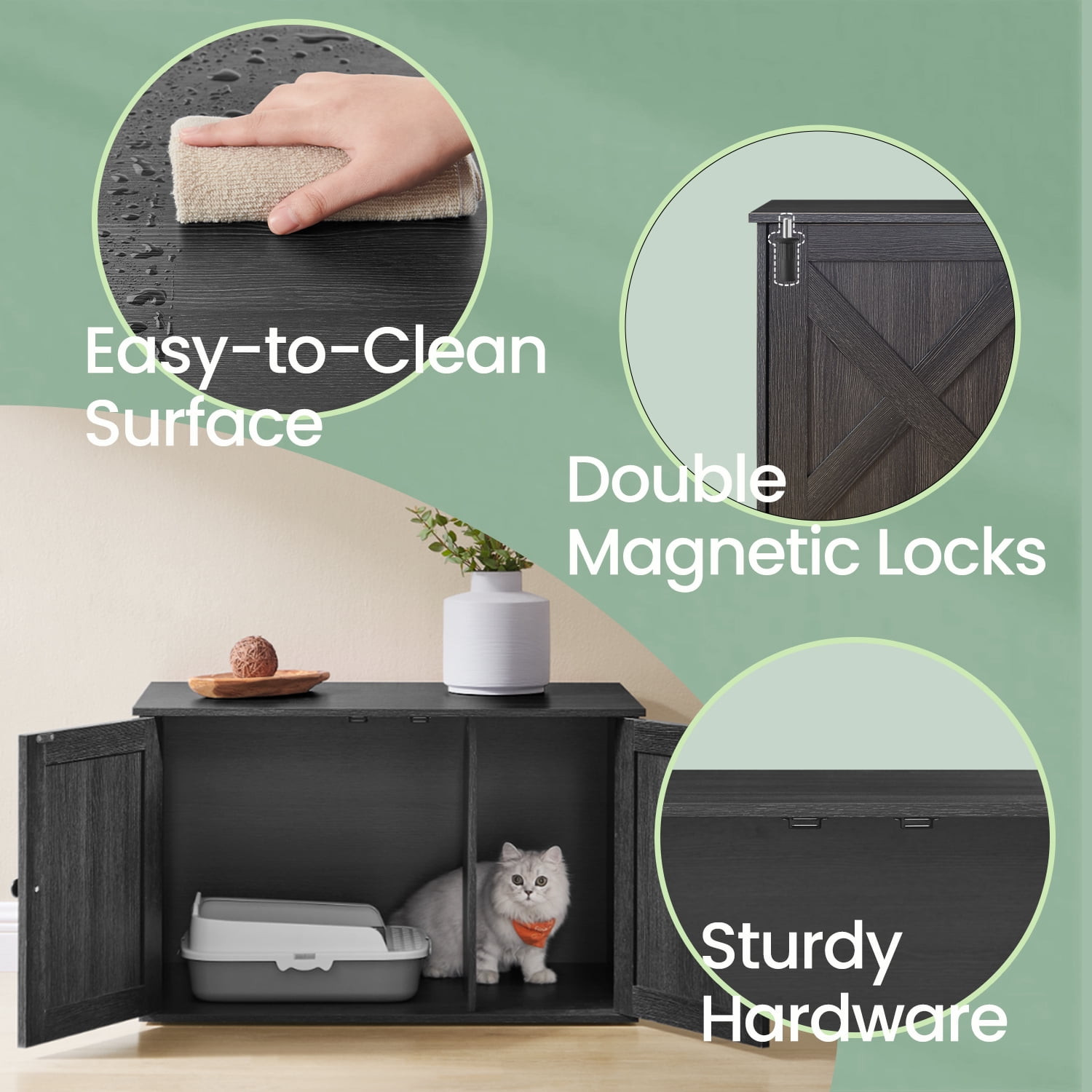 LEDREM Cat Litter Box Furniture Enclosure, Multi-Functional Hidden Washroom with Removable Divider for Indoor Cats,L, Ink Black