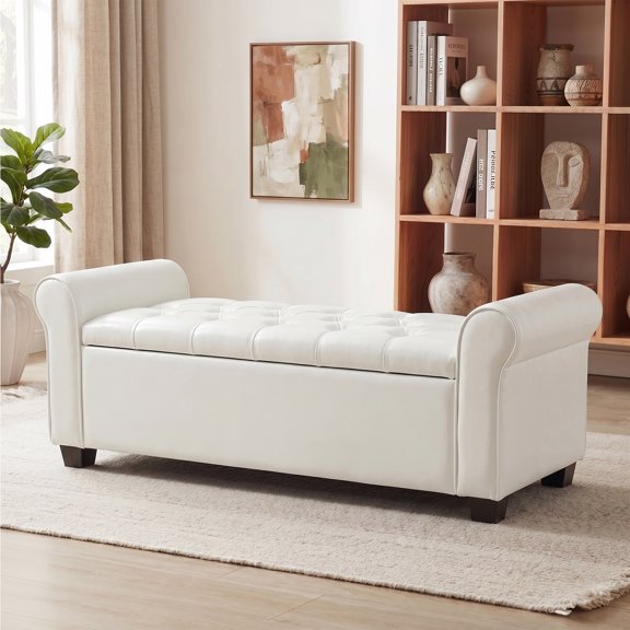 AVAWING Upgraded Armed Storage Bench, Leather Upholstered Ottoman for Living Room & Bedroom, White