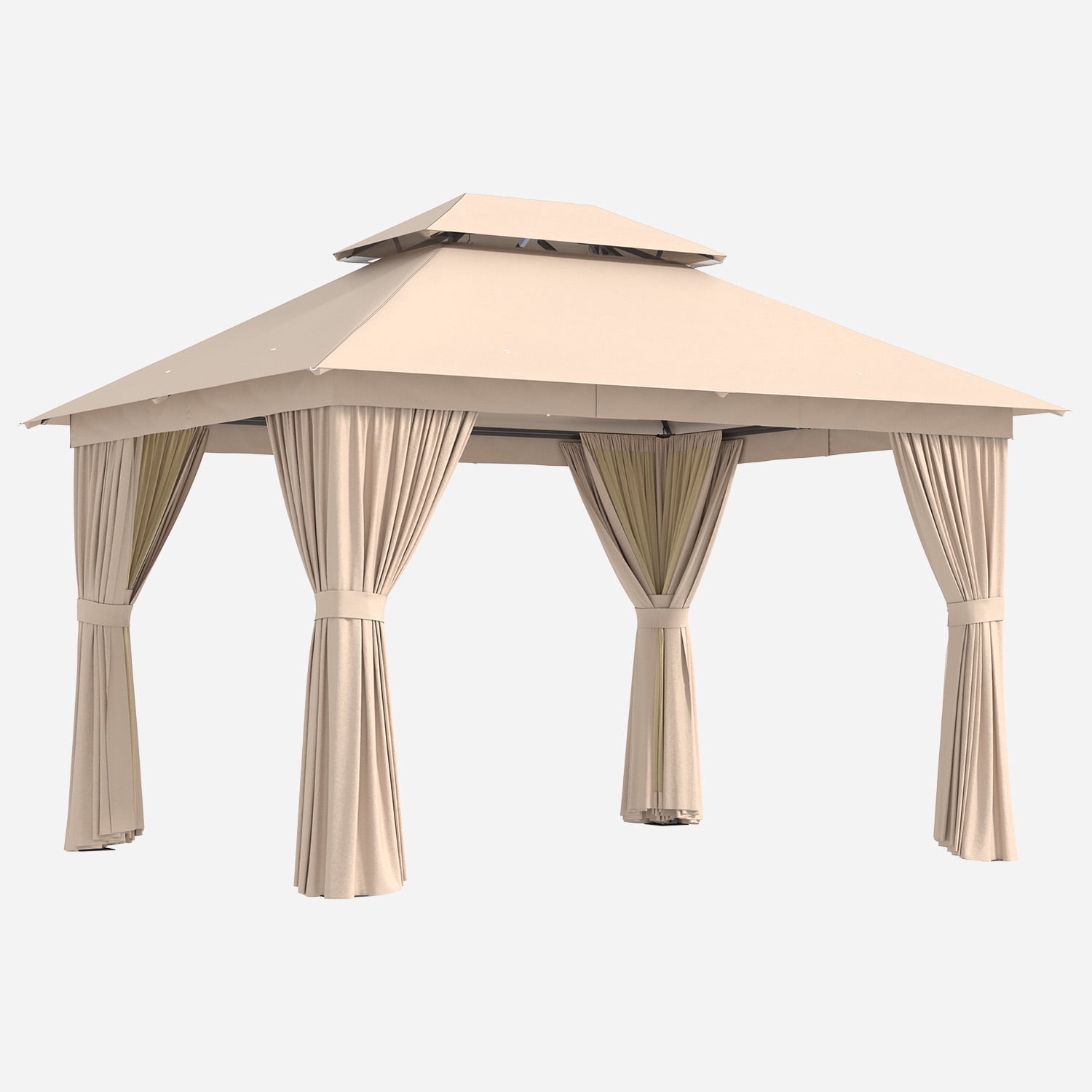 BaPiPro 10'x12' Patio Gazebo, Heavy Duty Double Roof Outdoor Canopy Tent, Mosquito Netting & Sidewall Curtains Included, UV/Wind Resistant Shelter for Garden, Deck, Backyard (Beige)