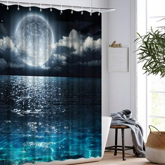 Shower Curtain Full Moon Over Ocean Landscape Waterproof Fabric Shower Curtain for Bathroom Decor Set with Hooks 72 x 72 Inches