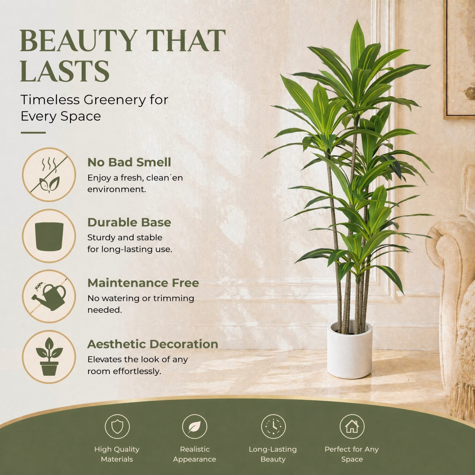 BEAUTYPEAK 6FT Artificial Dracaena Tree Fake Plants for Indoor Outdoor Decor, Upgraded White Pot