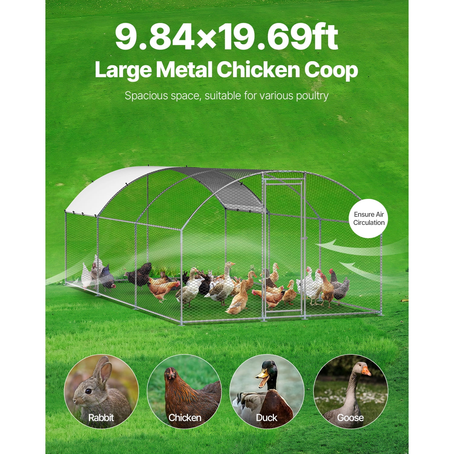 Metal Chicken Coop, Walk-in Chicken Run with Cover Doom Roof 9.8x19.6x6.5ft