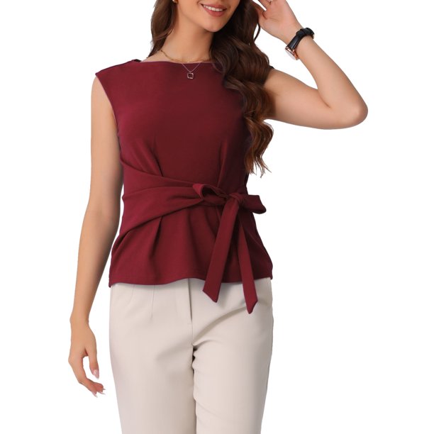 INSPIRAR CHIC Blusa de trabajo de mujer con cuello barco y mangas cortas, con lazo en la parte delantera, XS Burdeos